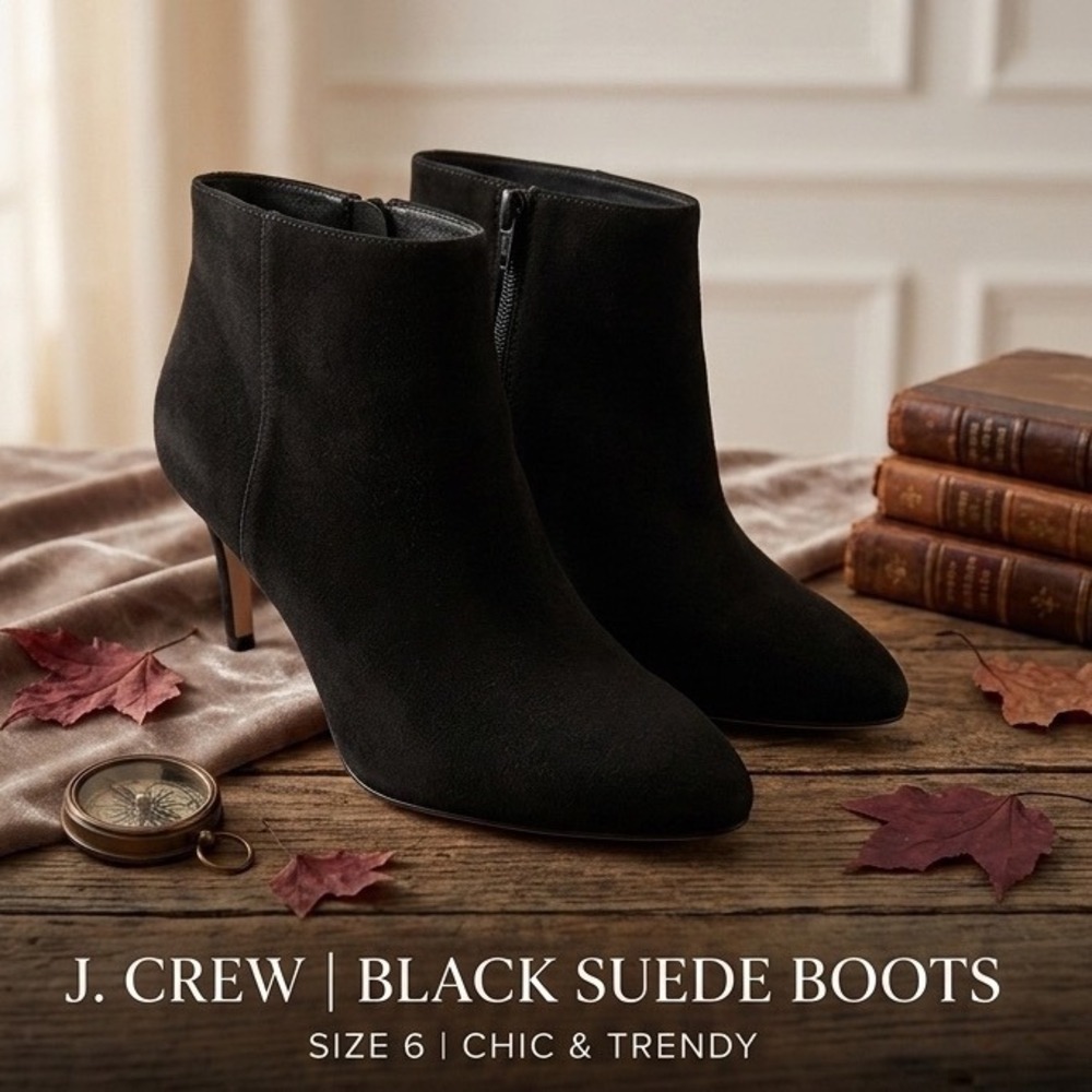 J Crew Black Suede Boots Pointed Toe Stiletto Heel Ankle Chic Trendy Size 6